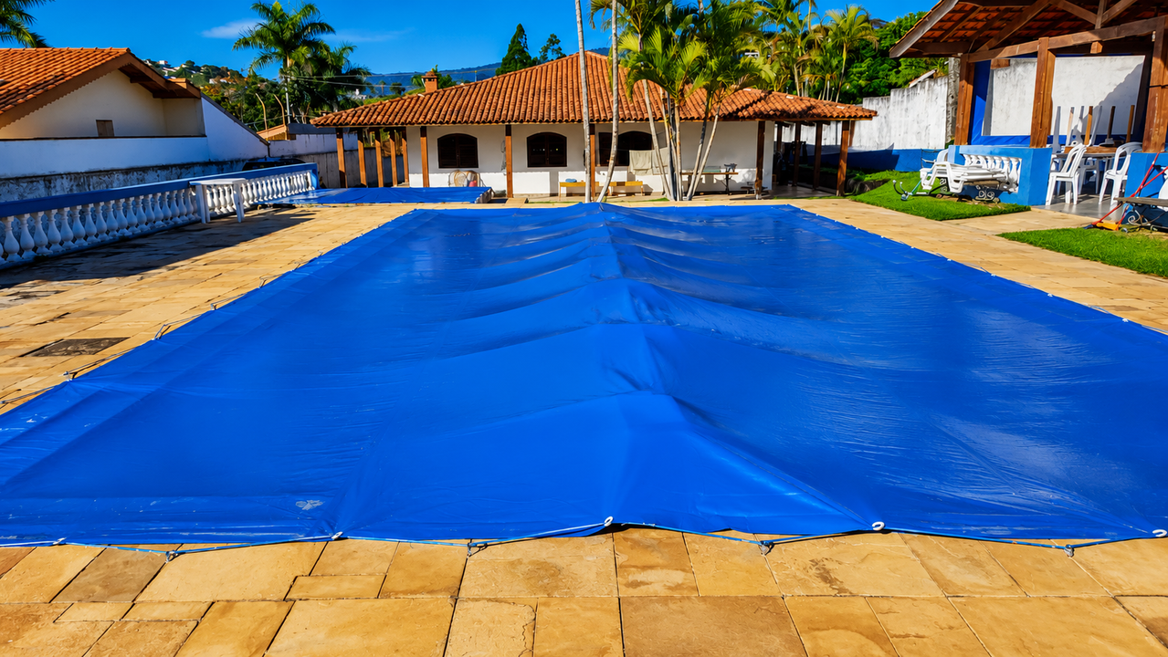 Custom CK500 pool cover installed on an outdoor swimming pool