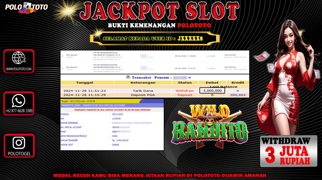 POLOTOTO JACKPOT SLOT WILD BANDITO  Rp.3,000.000,-