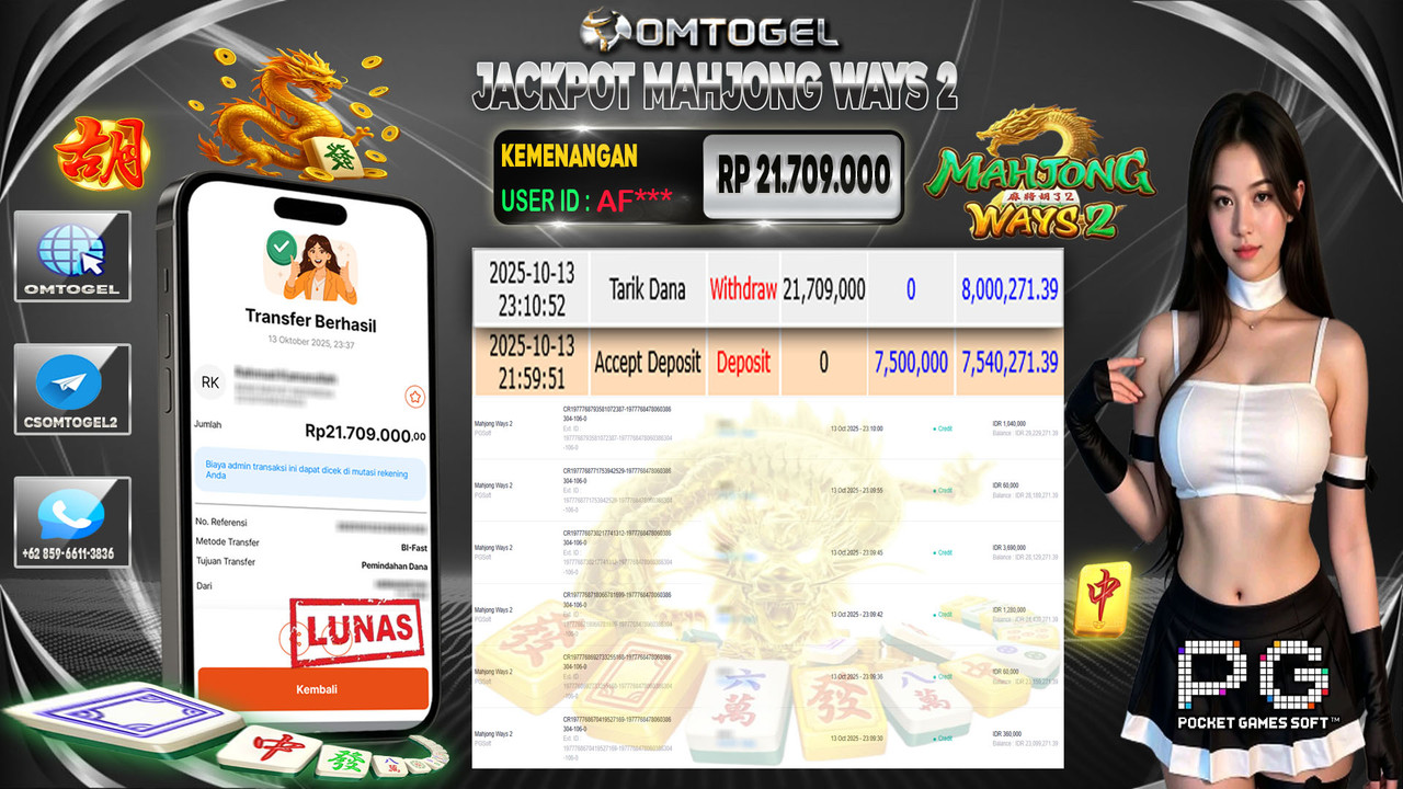 OMTOGEL JACKPOT PGSOFT MAHJONG WAYS 2 21 JUTA DI BAYAR LUNAS ,-