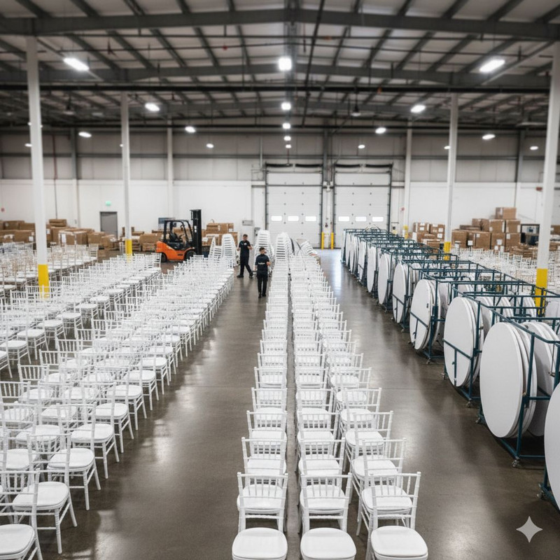 Большой склад прокатной мебели со штабелируемыми стульями и сложенными столами