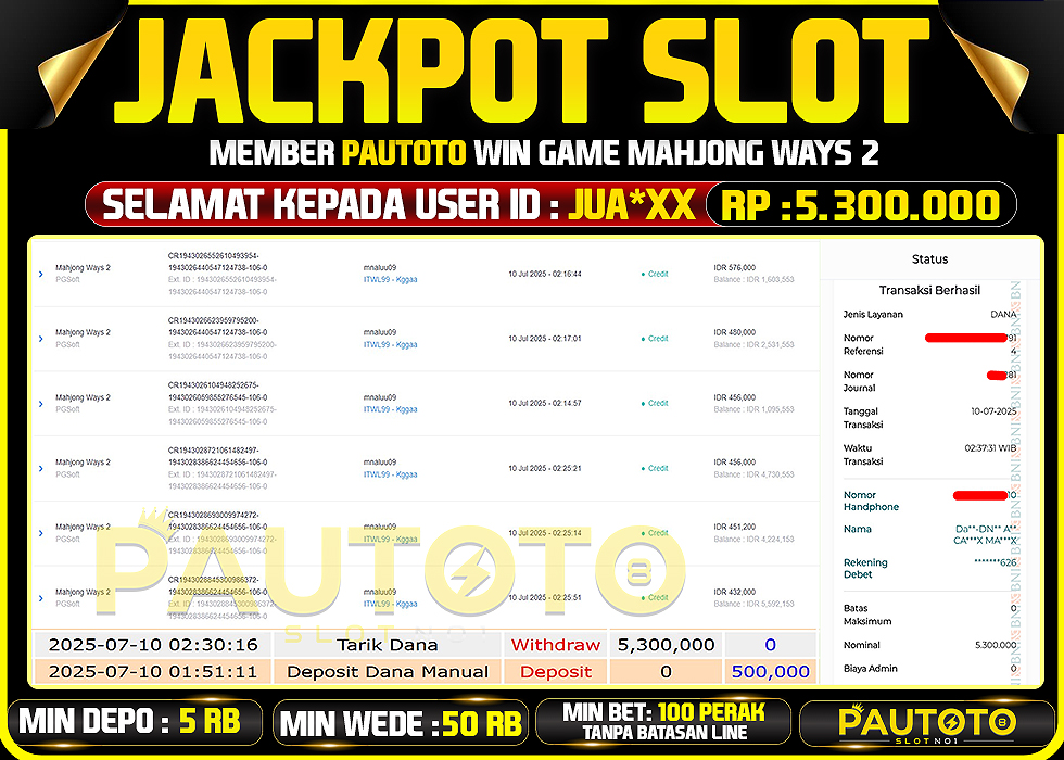 BUKTI PEMBAYARAN TGL 9 JULY 2025 MENANG DI PERMAINAN MAHJONG WAYS 2 TOTAL WD 5.3 JUTA