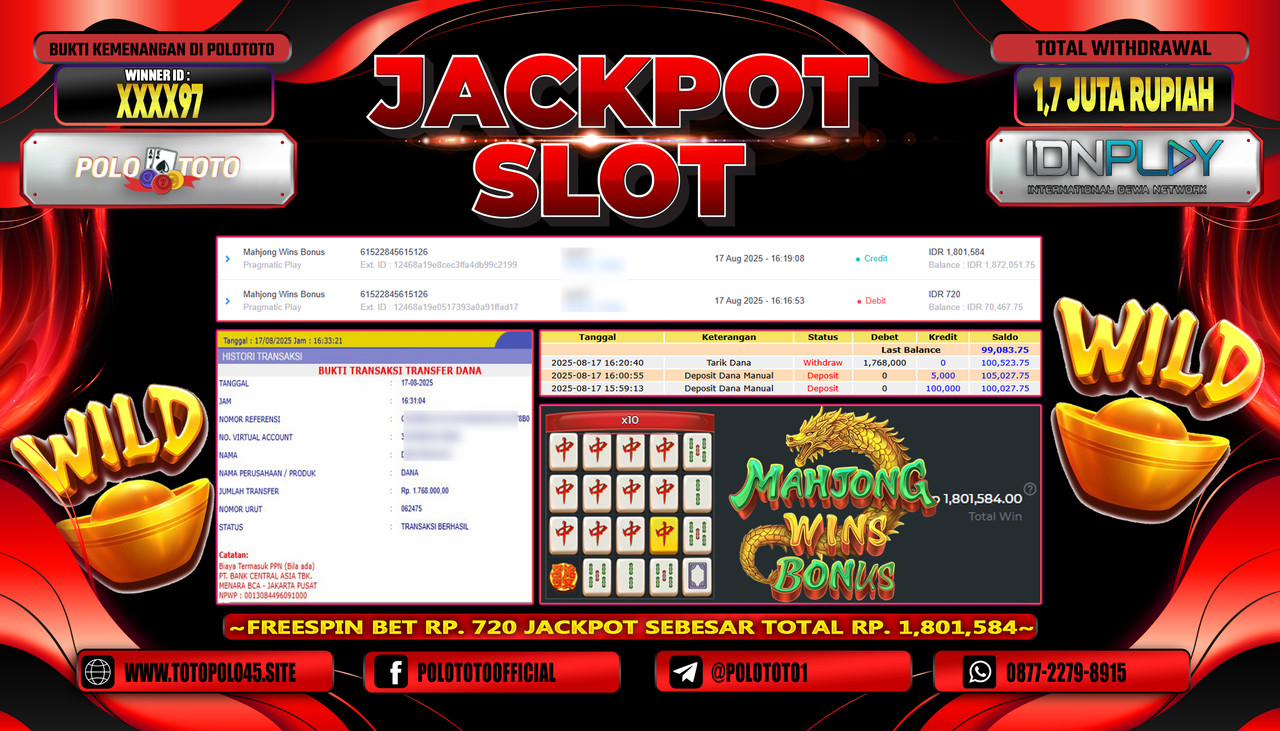 POLOTOTO JACKPOT SLOT MAHJONG WINS BONUS Rp.1.700.000,- LUNAS