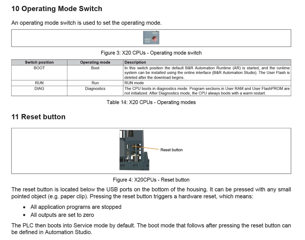 problem with the B&R plc, which has gone to reset mode