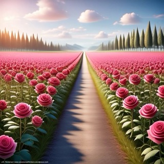 A vibrant field of blooming roses under a soft sky, with distant clouds adding depth to the peaceful landscape.