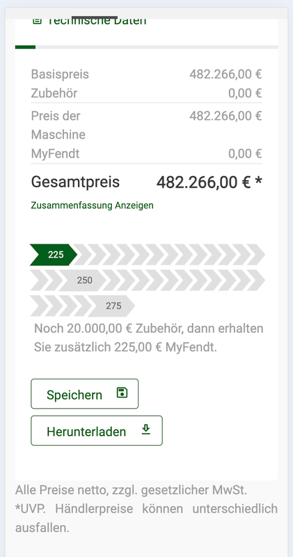 Es wird der Gesamtpreis angezeigt, sowie der Satz noch 20.000€ Zubehör, dann erhalten Sie zusätzlich 225€ MyFendt