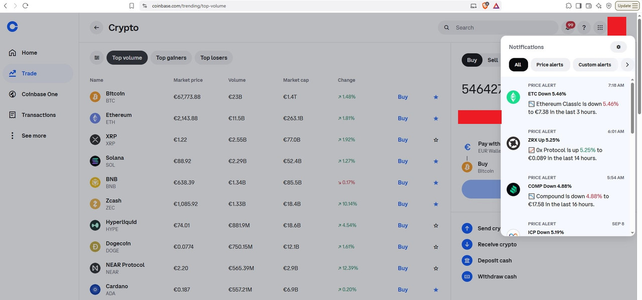 Coinbase notifikacije