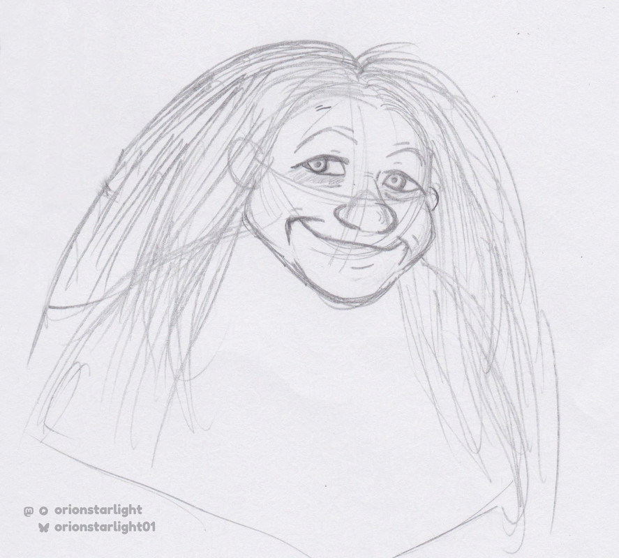 My rough drawing/sketch of Grandmama. She’s smiling at the viewer.