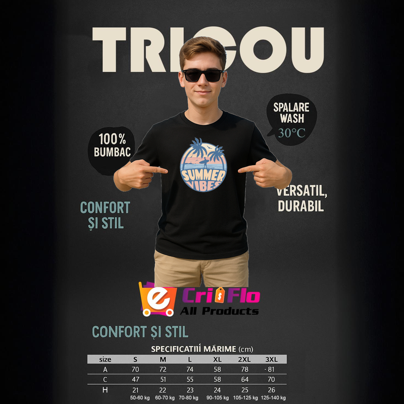 Tricou Summer vibes (6), Barbat, 100% bumbac, Cri-Flo, Culoare Negru, Marime 3XL