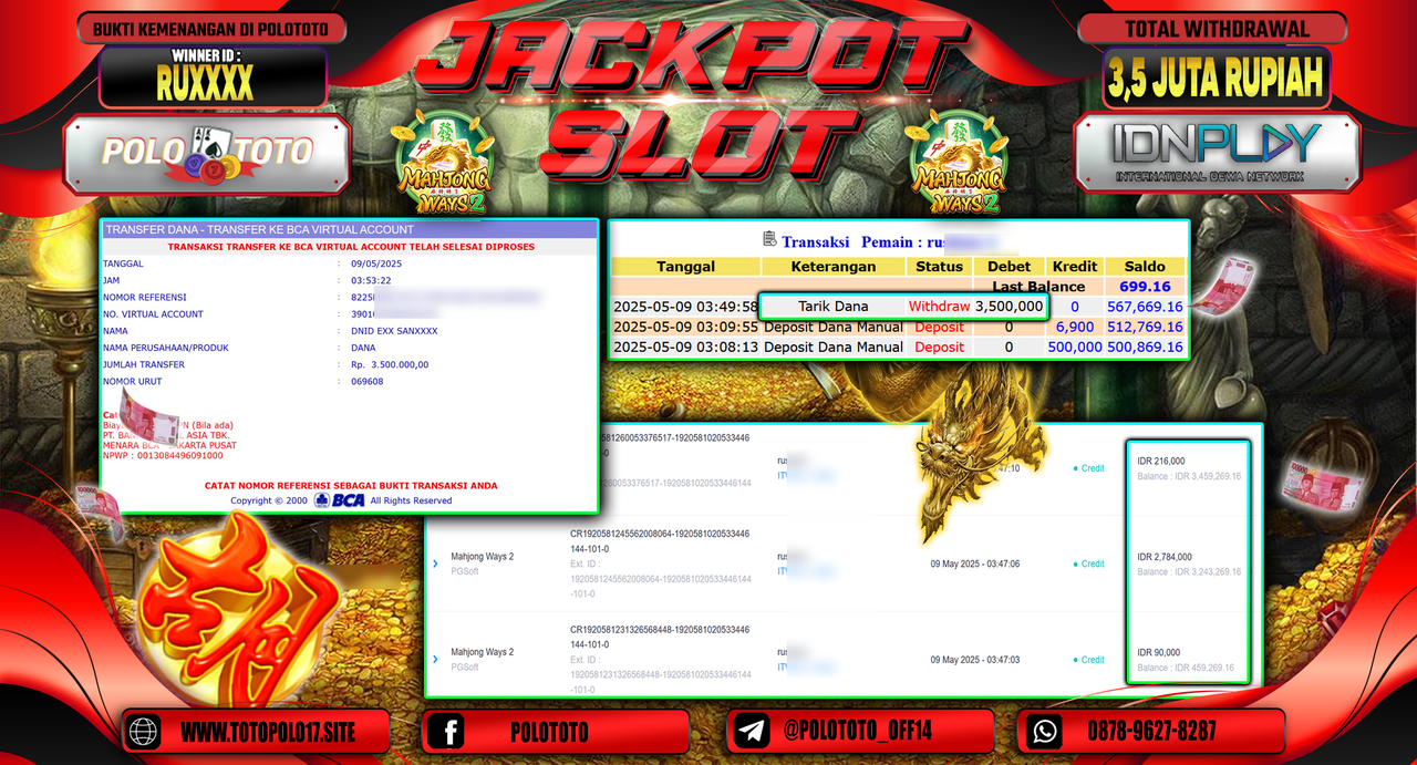 POLOTOTO JACKPOT SLOT MAHJONG WAYS 2 Rp.3.500.000,-