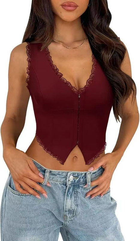 2-Pack Red French Vintage Lace Splice Camisole(L Size) - Slim Fit Halter Top with Back Detail and Button Placket