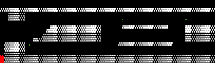 The first maze in World 7-4 of Vs. Super Mario Bros., with green exclamation point ("!") indicators marking which paths to take (Bottom, Top, Top). Full map available on MarioUniverse.com.