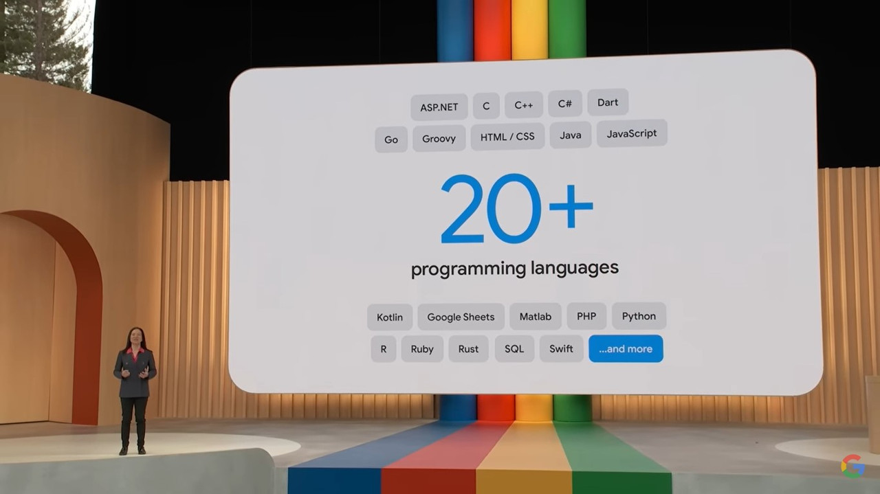 Conferência Google I/O apresentando recursos de programação no Google Bard, com informação de capacidade em mais de 20 linguagens.