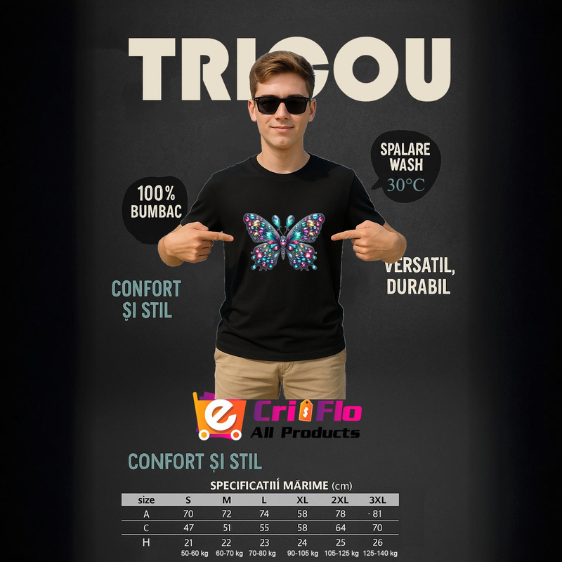 Tricou Barbat Fluture multicolor cu detalii stralucitoare si festonari, Barbat, 100% bumbac, Cri-Flo, Culoare Negru, Marime XL
