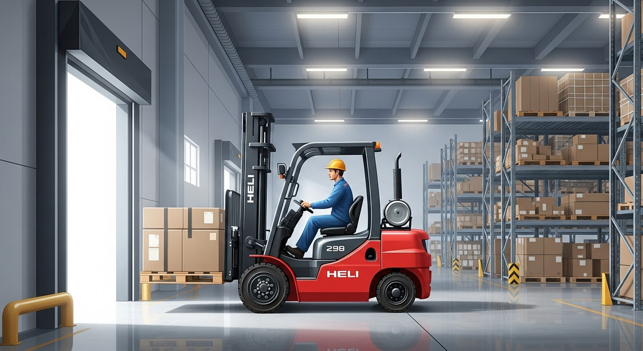 Дизельный вилочный погрузчик Heli в современном складе при подъёме паллет