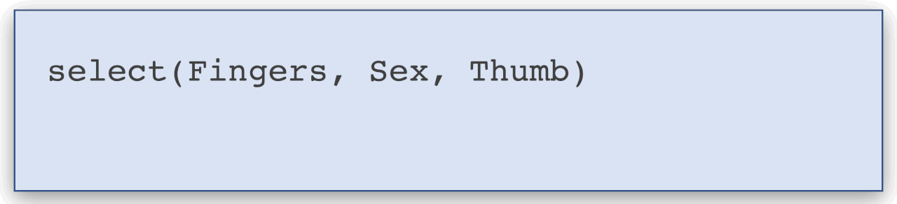 To combine the select() and head() actions, we take the result of the select() function and run head() on that. That is, we take the call to select() and place the whole thing inside of head().