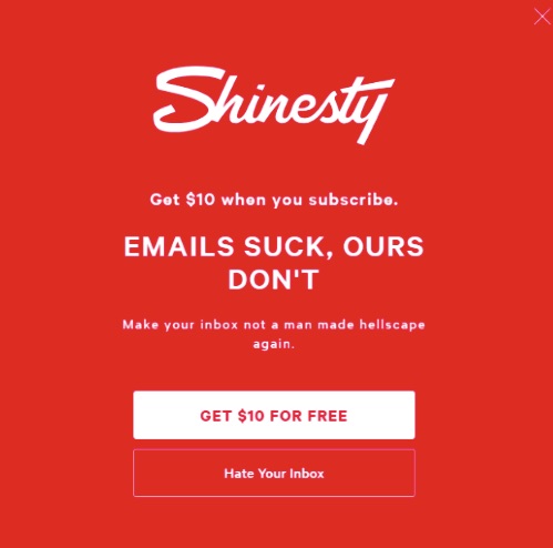 צילום מסך של פופ-אפ ההרשמה של Shinesty