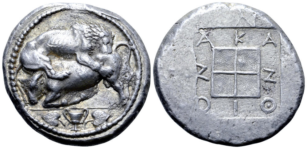 Tetradracma ático. Akanthos (Acanto, Actual Ierissos. Grecia). Año: 470-430 a.C. 5189487
