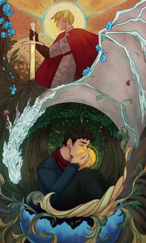 Tarot style art of Arthur and Merlin from BBC Merlin. Top to bottom: Arthur poses with Excalibur with a halo. Aithusa as a grown dragon separates the men with their body, wood and red and blue flowers blending into their scales. Merlin sits in a circle emerging from a blue dragon egg: he sits in a forest, breathing magic into his cupped hands.