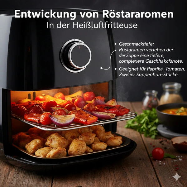 Heißluftfritteuse mit zwei Ebenen: Oben geröstete Paprika und Tomaten, unten goldbraune Hähnchenstücke, daneben Gewürzgläser und frische Kräuter.
