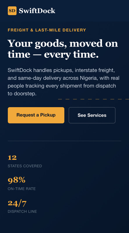 Swiftdock Logistics corporate logistics website showing freight tracking and dispatch solutions