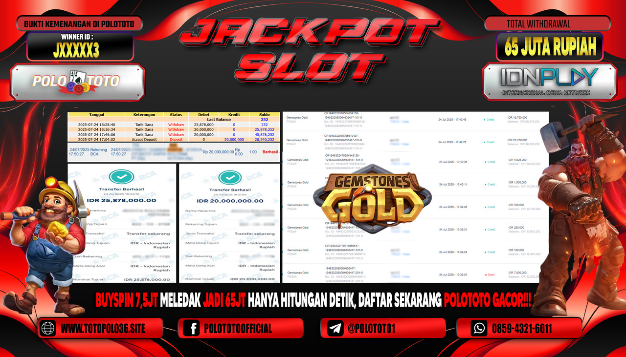 POLOTOTO JACKPOT SLOT GEMSTONES GOLD Rp.65.000.000,-