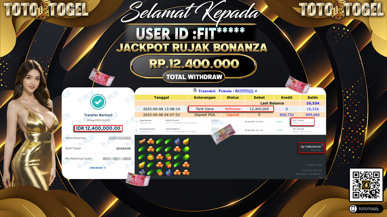 Bukti Pembayaran Jackpot Permainan Slot Rujak Bonanza ID:FIT***** LUNAS