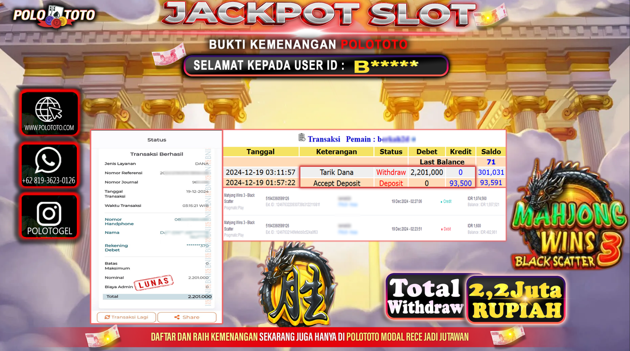 POLOTOTO JACKPOT SLOT MAHJONG WINS BLACK SCATTER 3 Rp.2,201.000,-