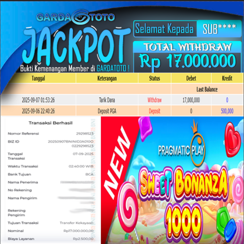 JACKPOT DI PERMAINAN SLOT SWEET BONANZA 1000 WD Rp 17.000.000,- DIBAYAR LUNAS GARDATOTO MANTAP!