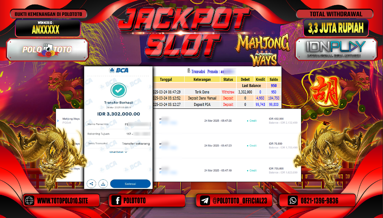 POLOTOTO JACKPOT SLOT MAHJONG WAYS Rp.3.302.000,-