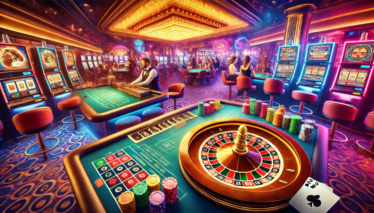 Scena di casin con roulette, slot e poker
