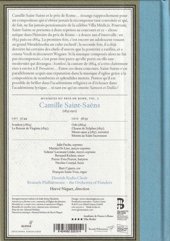 Book back cover of Prix de Rome music by Camille Saint-Saens from Hervet Niquet and the Brussels Philharmonic Orchestra with the Flemish Radio Choir