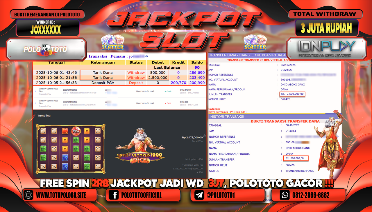 POLOTOTO JACKPOT SLOT GATES OF OLYMPUS 1000 DICE Rp.3.000.000,- LUNAS
