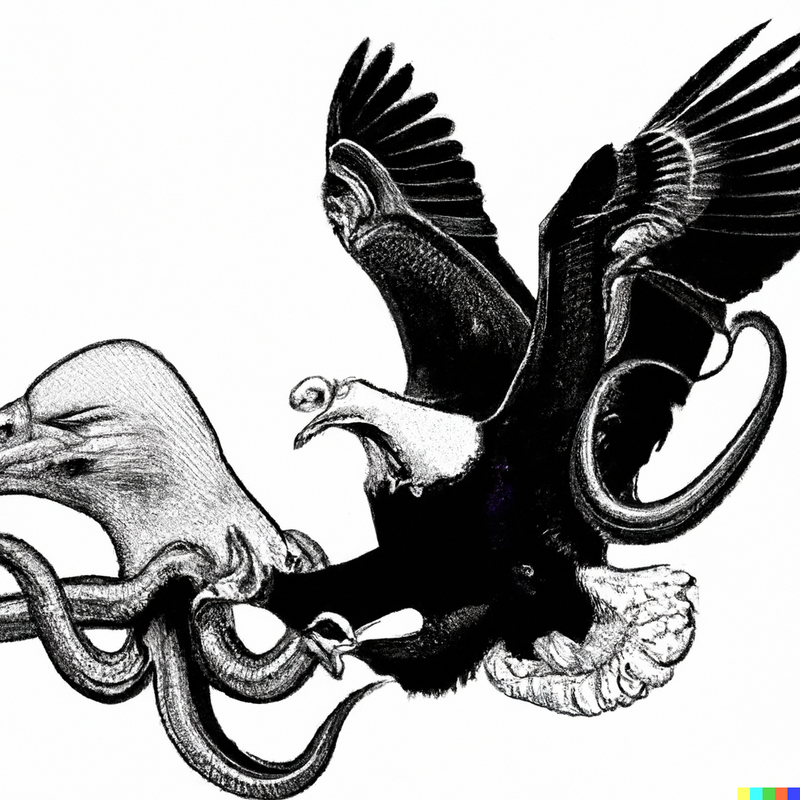 DALL·E 2022-08-01 16.38.19 - A bald eagle battling an octopus in the style of 1950's film