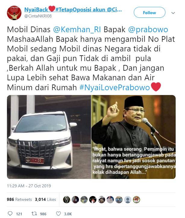 Prabowo Subianto diisukan tak menggunakan fasilitas mobil dinas negara.