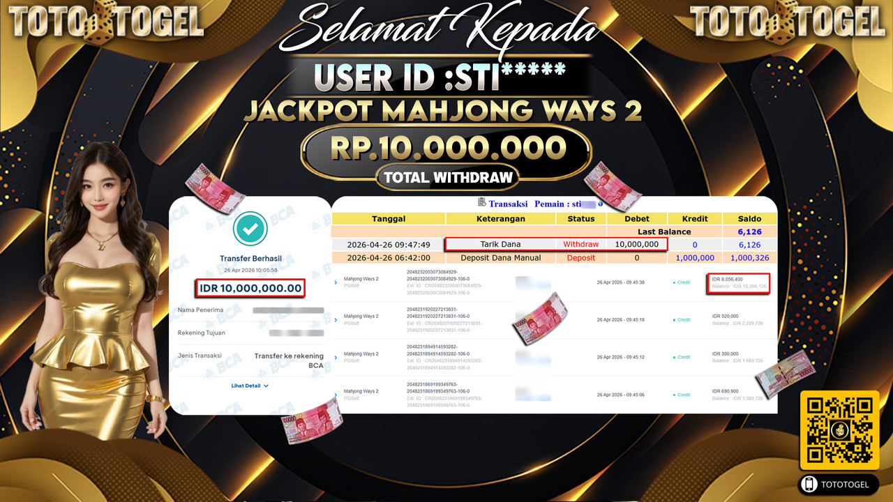Bukti Pembayaran Jackpot Permainan Slot Mahjong Ways 2 ID:STI*****LUNAS