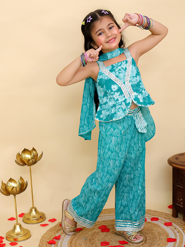 Kids Girls Party Wear Dress Floral Printed Girls Co-Ords Top Bottom Dupatta Set - Picture 7 of 18