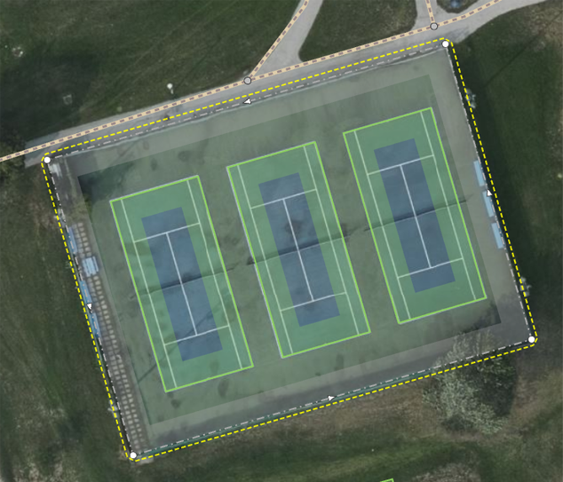 A tennis area with three courts individually marked.