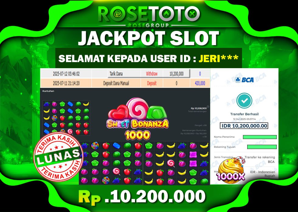 ROSETOTO JACKPOT SLOT SWEET BONANZA 1000 Rp.10.200.000.,- LUNAS