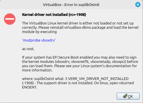 Virtualbox Fehler in Mint