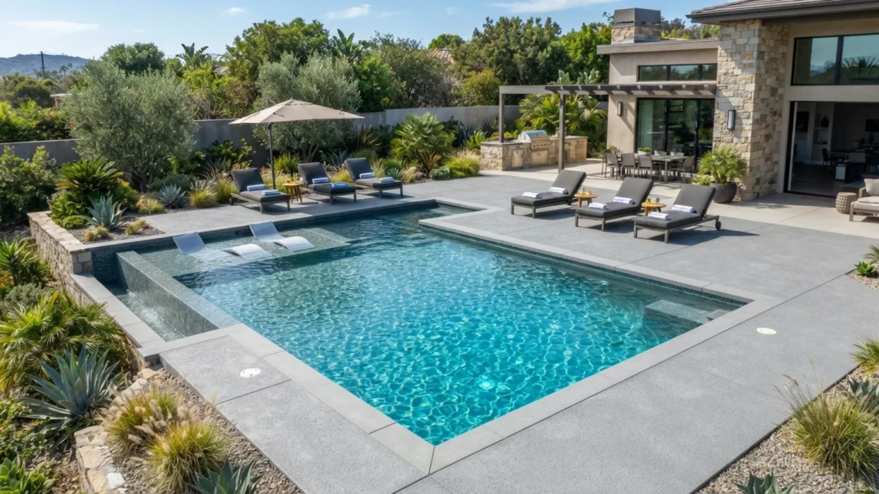 Gray concrete pool deck with loungers showing a smooth resurfaced spray texture finish