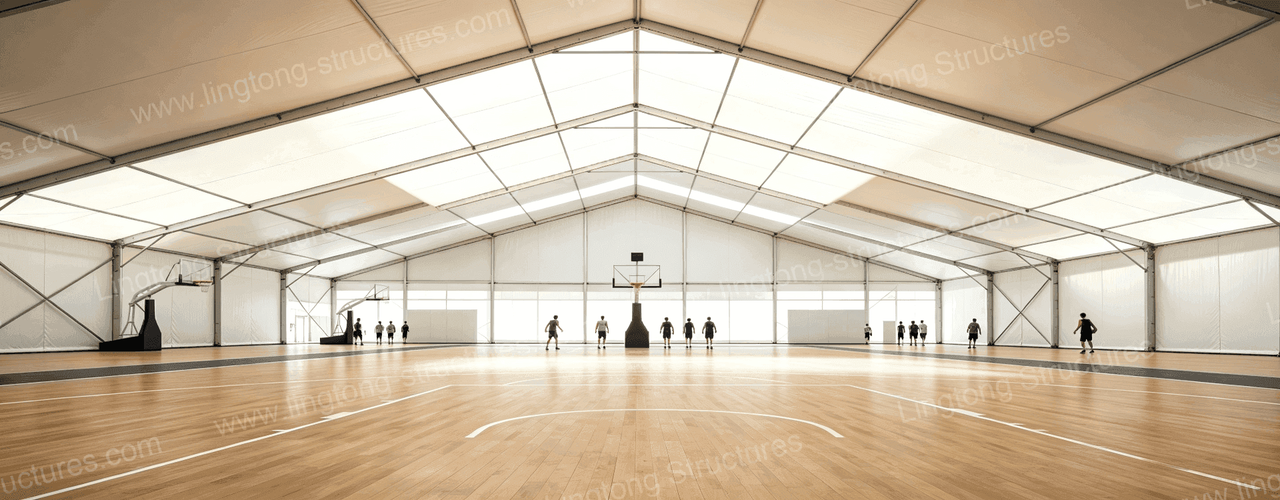 Aluminum basketball hall interior with full court and professional lighting