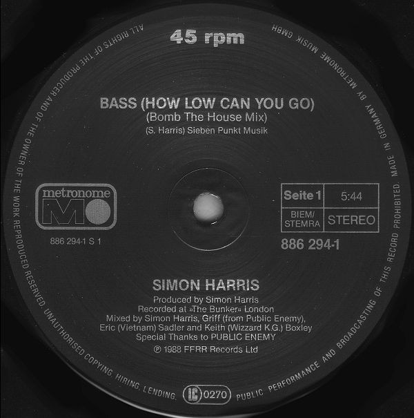 15/01/2023 - Simon Harris ‎– Bass (How Low Can You Go)(Vinyl, 12, 45 RPM, Maxi-Single)(Metronome ‎– 886 294-1) 1988 (320) R-93650-1225101082-jpeg