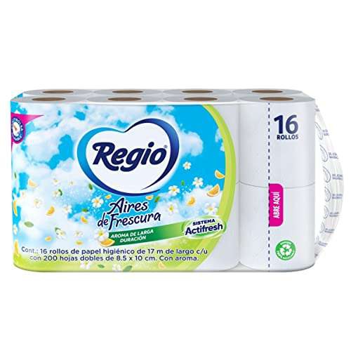 Amazon: Papel higiénico Regio Aires de Frescura 16 rollos, 200 hojas dobles | Planea y Ahorra, envío gratis con Prime