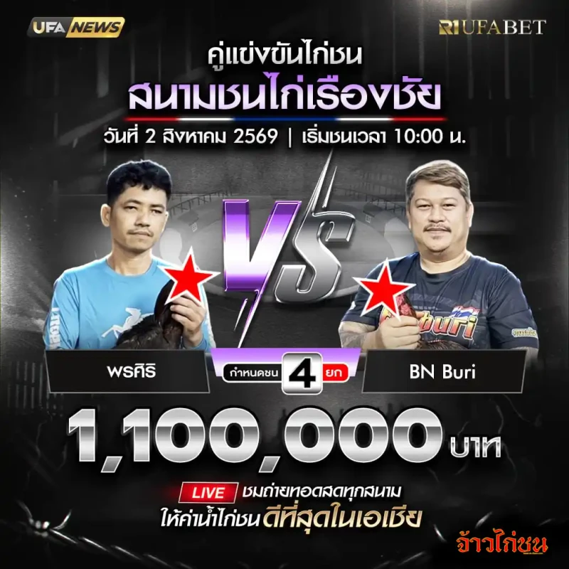 โปรแกรมไก่ชนสนามชนไก่เรืองชัย 2 สิงหาคม 2569 พรศิริ พบ คู่แข่งขันรอยืนยัน