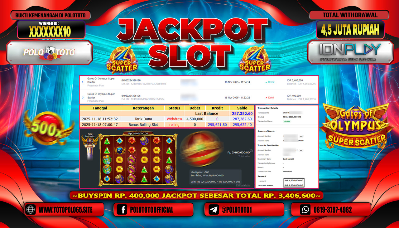POLOTOTO JACKPOT SLOT GATES OF OLYMPUS SUPER SCATTER Rp.4.500.000,- LUNAS