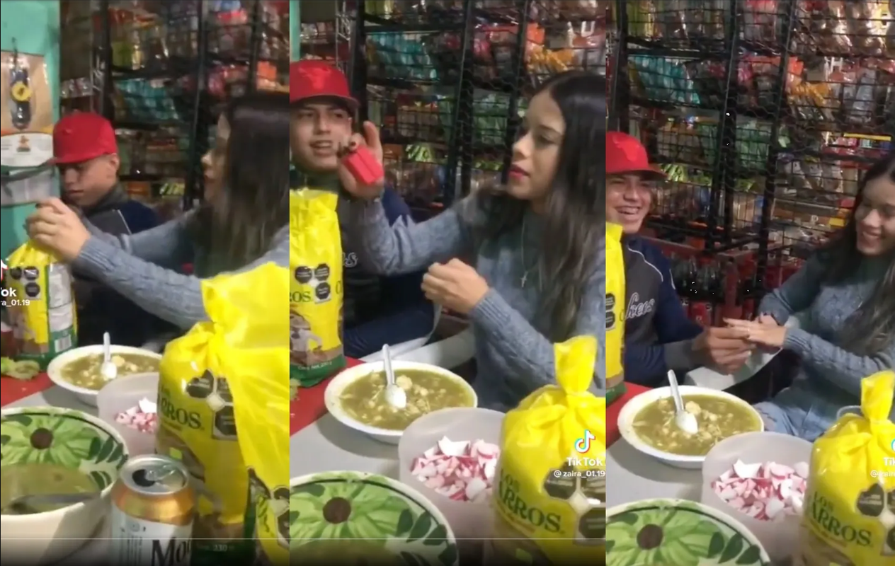 Joven pide matrimonio comiendo pozole, el video se viralizó como ejemplo