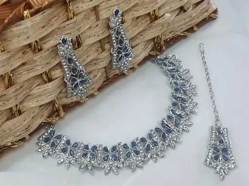 Rhodium Plated Necklace Set With Blue Color Kundan (A105)
