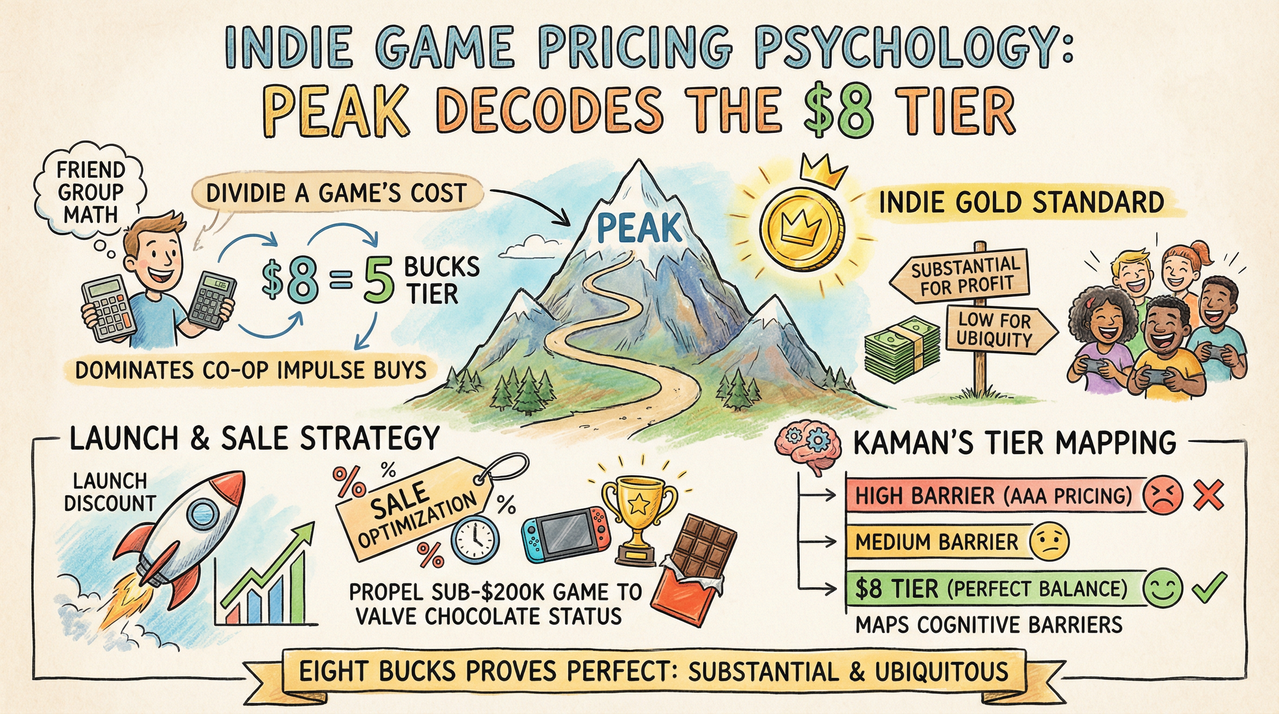 Price tags with psychological perception bubbles representing indie game pricing tiers