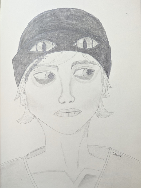 A pencil drawing of Adrien with fresh stitches in his Chat Noir toque. 
