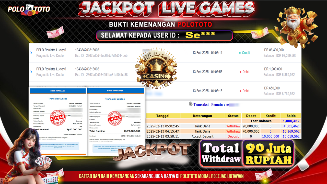 POLOTOTO JACKPOT LIVE GAMES PPLD ROULETTE LUCKY 6 Rp.90.000.000,-